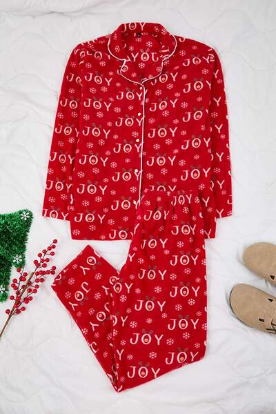 Trendyol Curve Red Patterned Shirt Collar Fleece Pajama Set