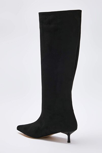 TRENDYOL SHOES Black Suede Women's Thin Kitten Heel Boots Takaw26Cz00021