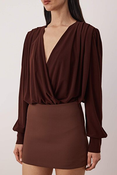 Trendyol Collection Dark Brown Plain V-Neck Long Padded Bottom Snap Fastener Knitted Sandy Stylish/Night Body Tprss21Bd0029