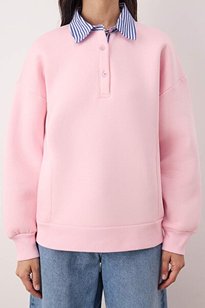 Trendyol Collection Pink Woven Garni Detailed Oversize Fit Polo Neck Thick Fleece Knitted Sweatshirt Twoaw26Sw00116