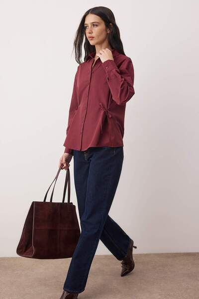 Trendyol Collection Burgundy Regular Woven Shirt with Ribbon Detail Twoaw26Go00006