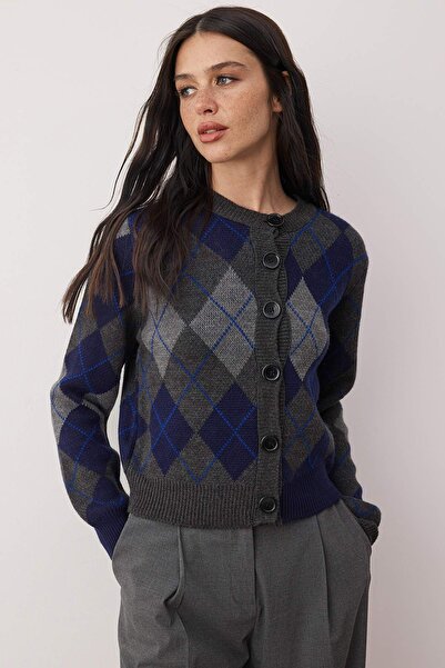 Trendyol Collection Navy Blue Crew Neck Diamond/Plaid Patterned Knitwear Cardigan Twoaw26Hi00234