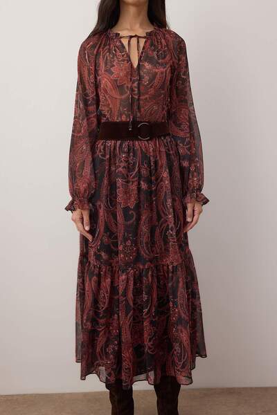 Trendyol Collection Multi-Colored Shawl Patterned Suede Belted Maxi Lined Woven Dress Twoaw26El00327