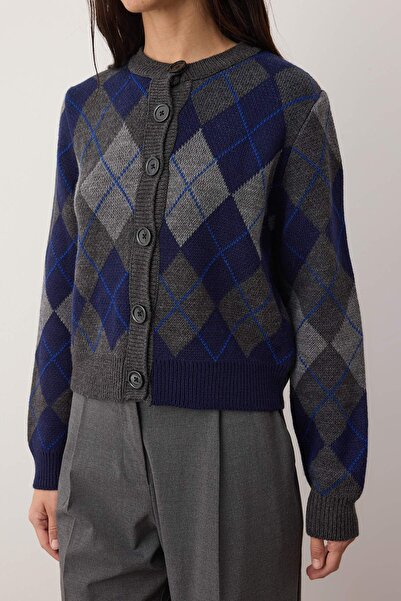 Trendyol Collection Navy Blue Crew Neck Diamond/Plaid Patterned Knitwear Cardigan Twoaw26Hi00234