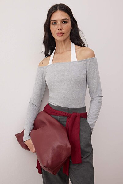 Trendyol Collection Gray Melange Fitted/Bodycon Cotton Stretch Knit Blouse Twoaw26Bz00037