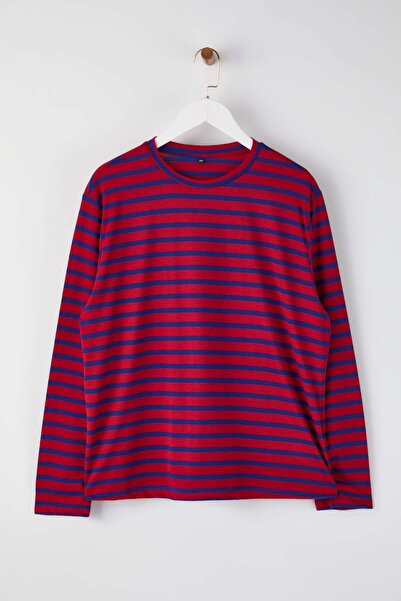 Trendyol Curve Navy Blue Striped Regular/Normal Fit Basic Crew Neck Knitted T-Shirt Tbbaw26Bf00003
