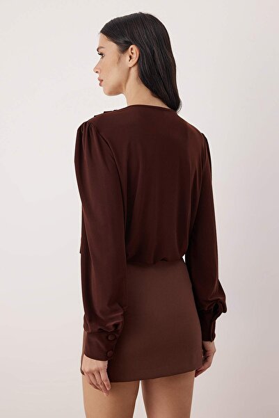 Trendyol Collection Dark Brown Plain V-Neck Long Padded Bottom Snap Fastener Knitted Sandy Stylish/Night Body Tprss21Bd0029