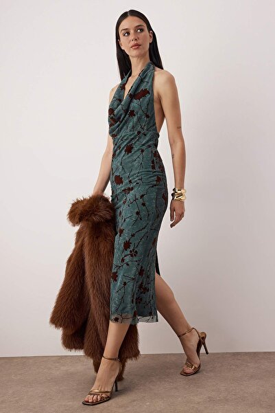 Trendyol Collection Emerald Green Floral Knitted Tulle Midi Lined Graduation/Prom Dress Tpraw26El00140