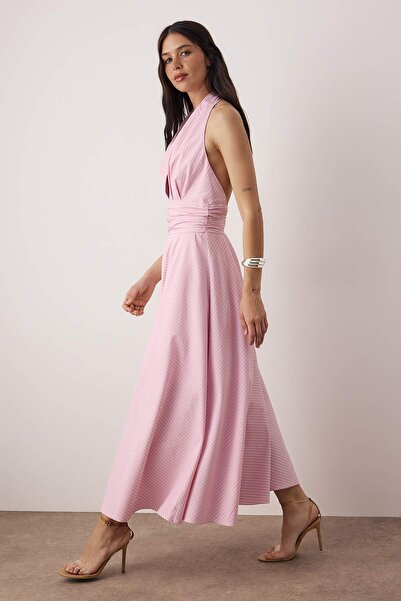 Trendyol Collection Pink Striped Low-Cut Halter Neck Poplin Lined Woven Dress Twoss25El00890