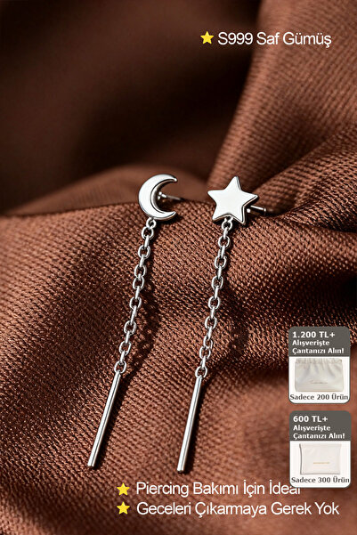 Shylyn 999 Ayar Gümüş Ay ve Yıldız Zincirli Minimal Küpe