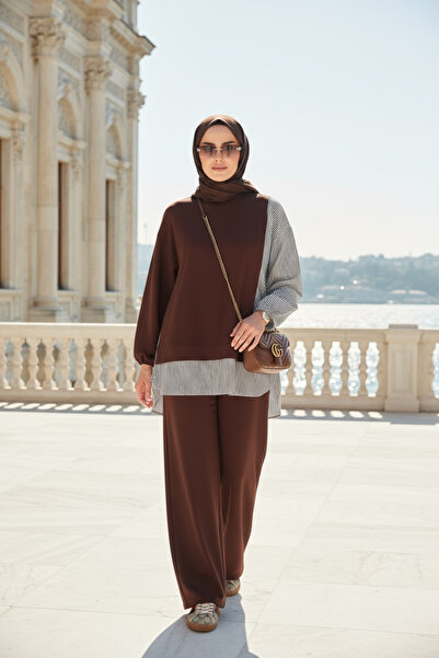 ASEL FASHİON Women's Hijab Set Line Double Set Shirt Light Brown