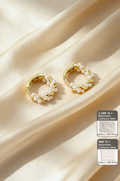 Shylyn 925 Ayar Gümüş İğneli Altın Renk İnci Çelenk Küpe