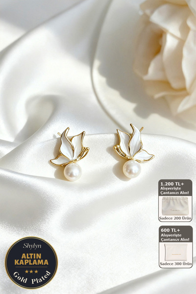 Shylyn 925 Gümüş İğneli Kelebek Altın Kaplama İnci Küpe