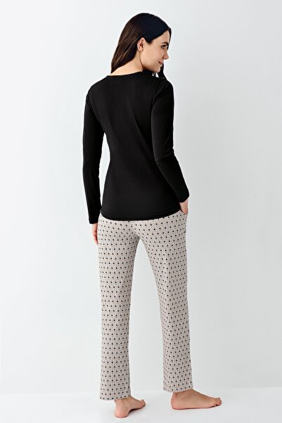 Pierre Cardin Women's Black Round Half Placket Button-Down Collar Modal-Cotton 2-Piece Pajama Set Vr.11.P91.C02.Y01