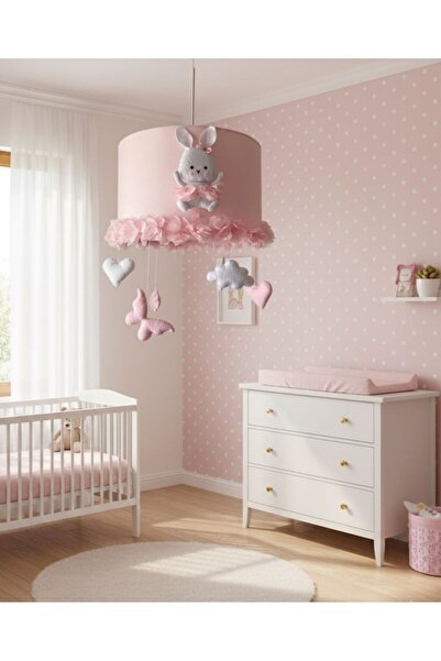 Leobabyroom Toz Pembe Çiçek Süslemeli Beyaz Tavşan Kalp Kelebek Bulut Figürlü Bebek/çocuk Odası Tasarım Avize