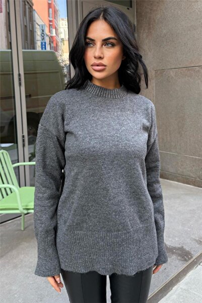 WeShaya Πλεκτό πουλόβερ με λαιμόκοψη με μαλακή υφή ανθρακί με λεπτομέρεια με ραβδώσεις