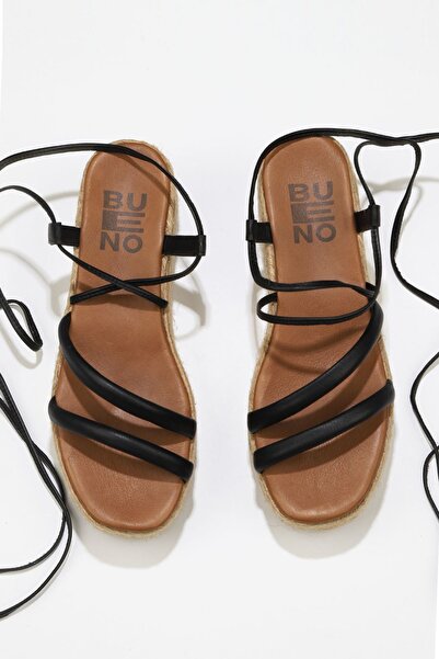 Bueno Shoes Μαύρα Khv-μπεζ δερμάτινα γυναικεία πέδιλα με τακούνι 01wu6100