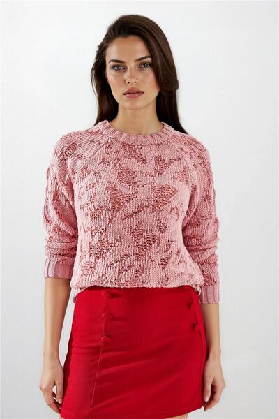 WeShaya Pink Round Neck Patterned Long Sleeve Knitwear Sweater