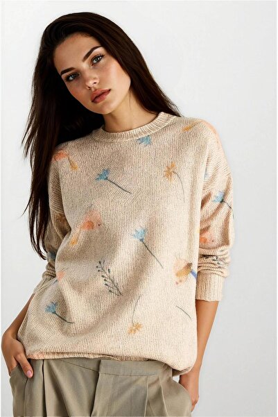 WeShaya سترة تريكو طويلة الأكمام ذات ياقة مستديرة ونقشة بيج