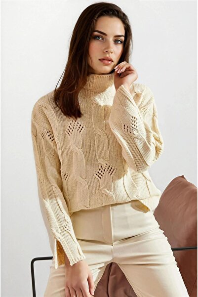 WeShaya Πλεκτό πουλόβερ με μοτίβο με μισό ζιβάγκο κρεμ