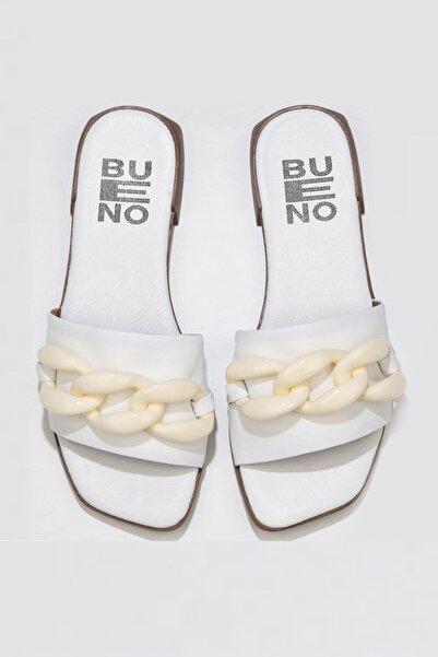 Bueno Shoes Δερμάτινες λευκές γυναικείες φλατ παντόφλες - 01wu1815