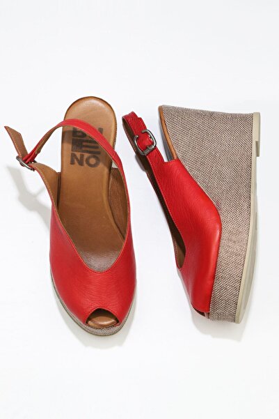 Bueno Shoes Κόκκινα δερμάτινα γυναικεία πέδιλα με σφήνα τακούνια 01wq5802