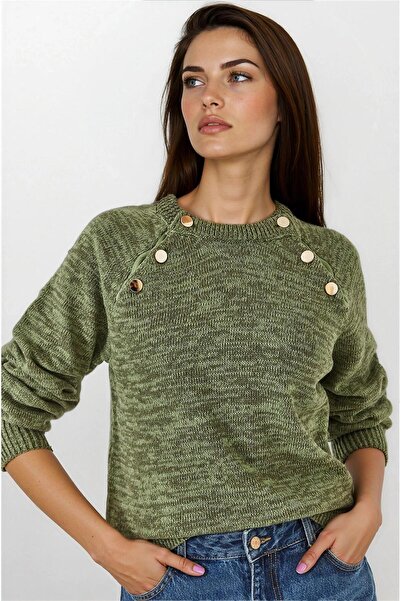 WeShaya Khaki Button Detailed Raglan Sleeve Knit Sweater