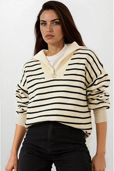 WeShaya Pulover tricot cu fermoar cu dungi crem-negru