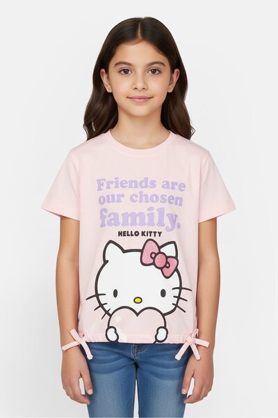 Disney تي شيرت مطبوع عليه رسومات هالو كيتي للبنات الصغار، برقبة دائرية، باللون الوردي