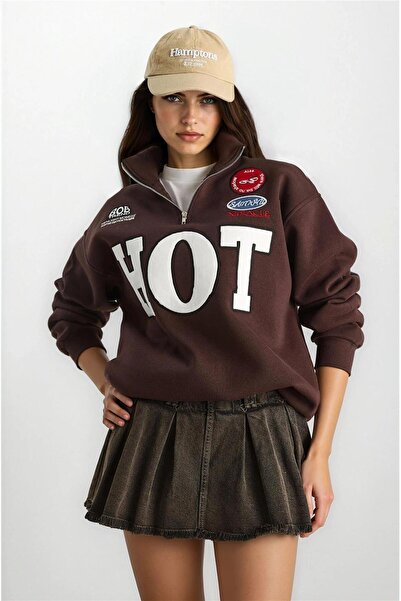 WeShaya Hanorac oversize brodat cu guler înalt și fermoar Bitter Brown