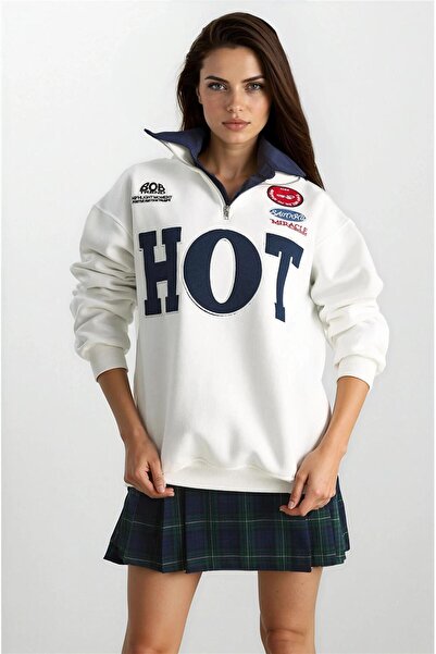 WeShaya Hanorac alb cu fermoar brodat oversize cu guler ridicat