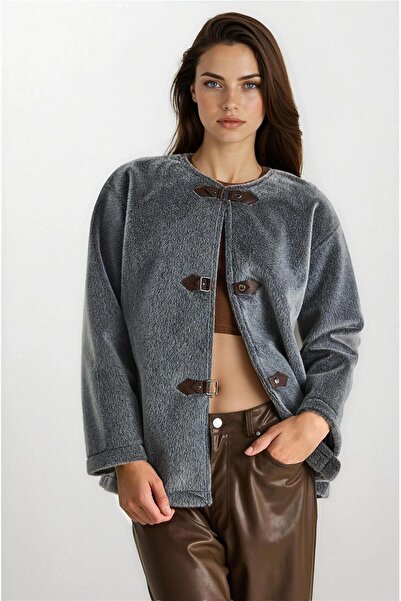 WeShaya Palton scurt din lână căptușită cu textura și detaliu cu cataramă afu...