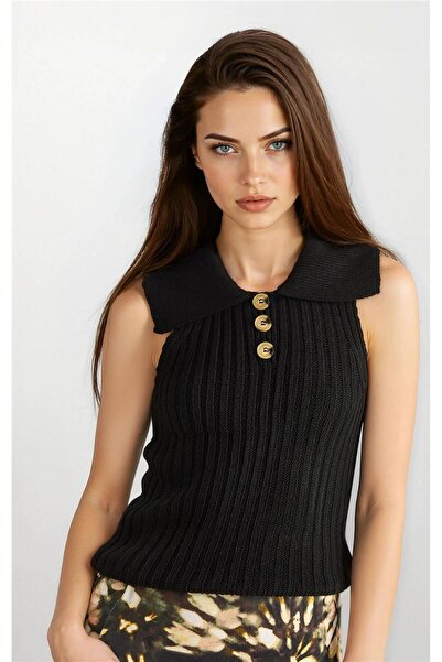 WeShaya Μαύρη πλεκτή μπλούζα με γιακά με κουμπιά και ριμπέλες χωρίς μανίκια