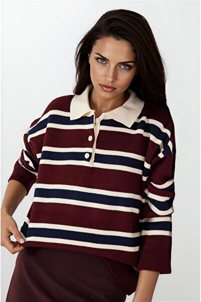 WeShaya Pulover tricotat 100% acrilic cu guler polo cu dungi burgundy-crem