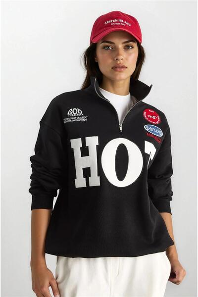 WeShaya Μαύρο φούτερ με κεντημένο φερμουάρ με ψηλό γιακά