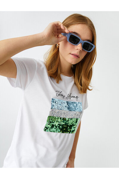 Koton Μπλουζάκι με κοντό μανίκι με εμπριμέ λαιμόκοψη