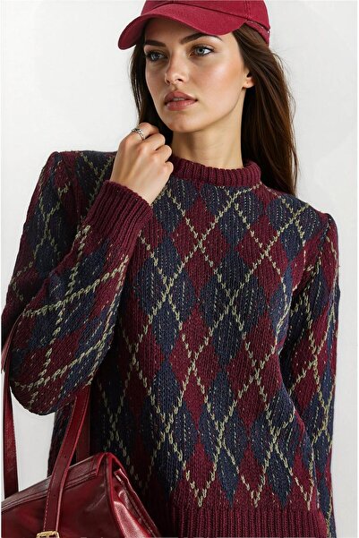 WeShaya سترة بأكمام طويلة وياقة مستديرة بنمط البقلاوة باللون الأزرق الداكن وا...