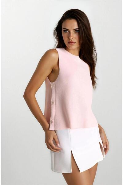 WeShaya Pink Crew Neck Side Buttoned 100% Acrylic Knitted Blouse