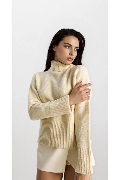 WeShaya Pulover tricotat cu mânecă lungă, crem, cu gât roșu