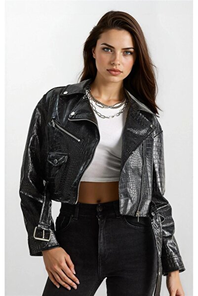 WeShaya Μαύρο μπουφάν από συνθετικό δέρμα με σχέδιο κροκόδειλου