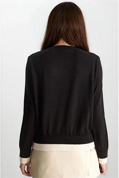WeShaya Black Contrast Buttoned Crew Neck Modal Cardigan