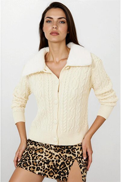 WeShaya Cardigan din tricot din acril cu guler din blană împletită cu păr crem