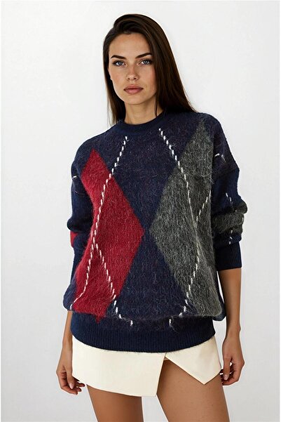 WeShaya Pulover din tricotaj acrilic supradimensionat cu model de diamante al...