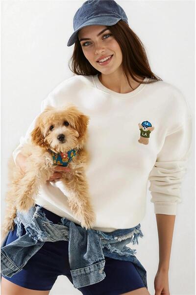 WeShaya Екру бродирана 100% памучна 3-слойна суитшърт