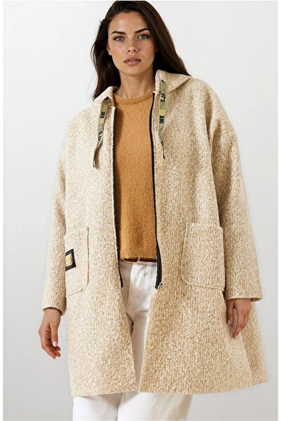 WeShaya Μπεζ παλτό με κουκούλα και διπλή τσέπη