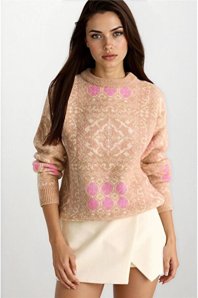 WeShaya سترة تريكو بأكمام طويلة وياقة دائرية بنقشة المنك