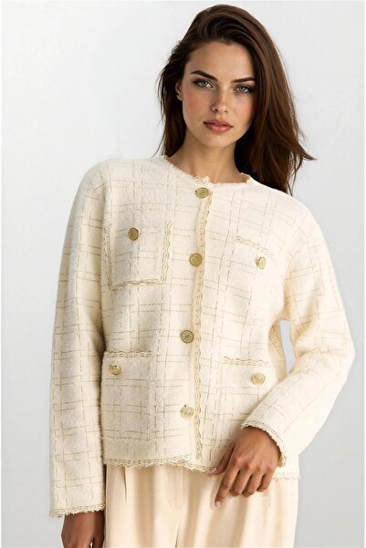 WeShaya Ecru Glittery Vintage Buttoned Soft Textured Cardigan