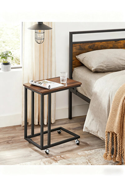 Enjoylifeme C-Shaped Side Table Modern Coffee Table with Wood Top and Black Metal Frame Casters 40X30X55CM