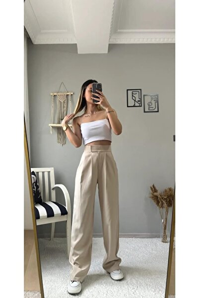 MADAME MELEK Pantaloni Palazzo bej plisați cu velcro cu talie înaltă de damă