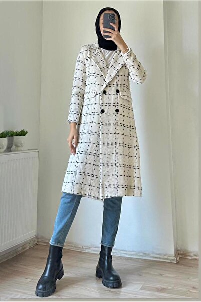 TRENDTESETTÜR KADIN BEJ (TAŞ) KRUVAZE YAKA KARE DESENLİ CEKET T 4247